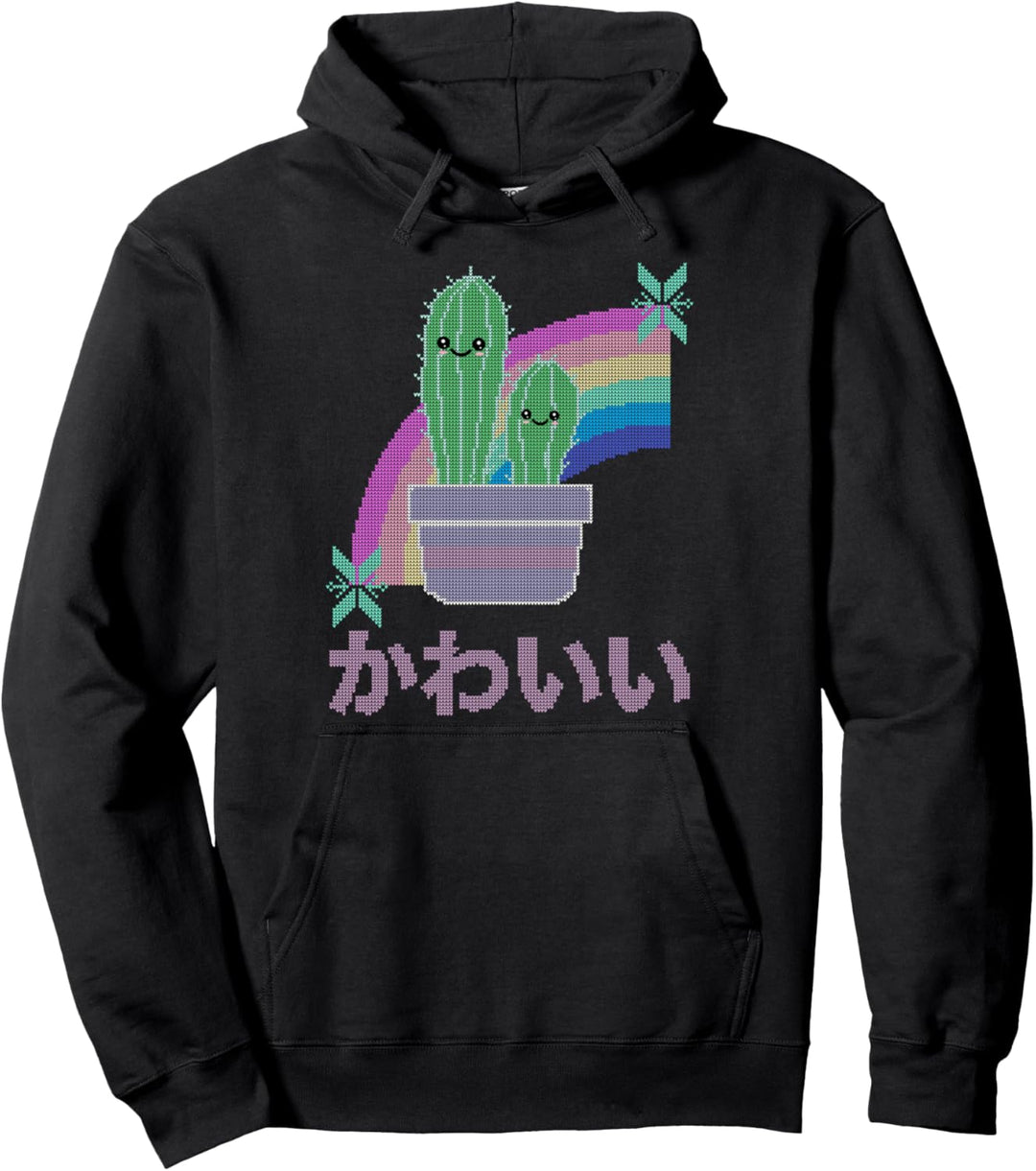 Aesthetic Cactus and Pastel Rainbow Ugly Christmas Kawaii Pullover Hoodie