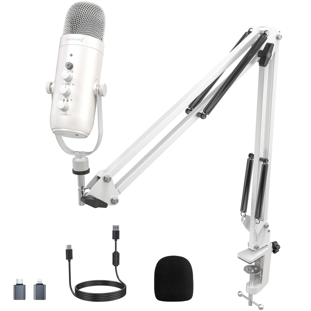 zealsound USB-Mikrofon-Set, k66 Perlweiss Gamging Mikrofon für PC/Mac/Handy/iPhone/PS5, mit Geräusch