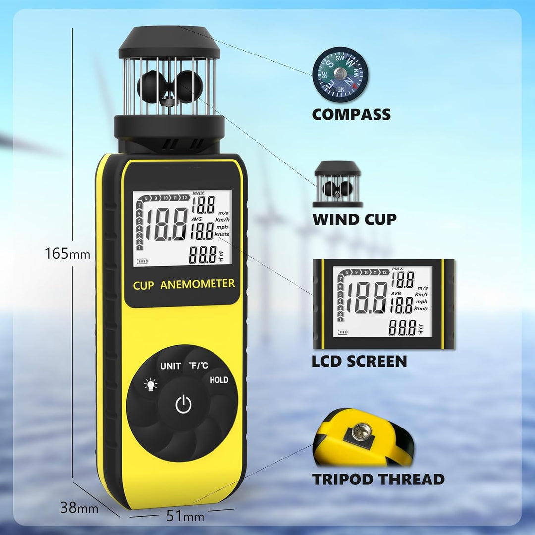 SURLABA Digital Windmesser, XF-881M Cup Anemometer ±4% Hoher Genauigkeit Wind Gauge Misst MAX/AVG Wi