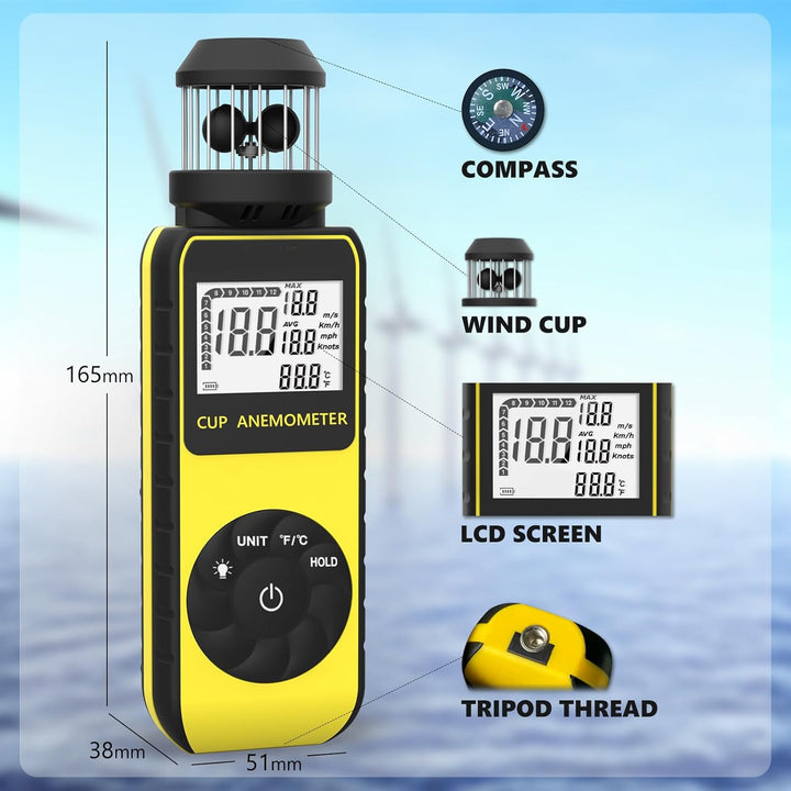SURLABA Digital Windmesser, XF-881M Cup Anemometer ±4% Hoher Genauigkeit Wind Gauge Misst MAX/AVG Wi
