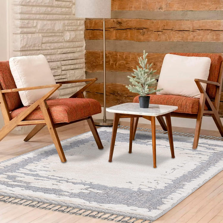 payé Teppich Wohnzimmer - Abstrak - 120x170cm - Creme Grau Blau - Fransen Deko Boho Flauschig - Cut
