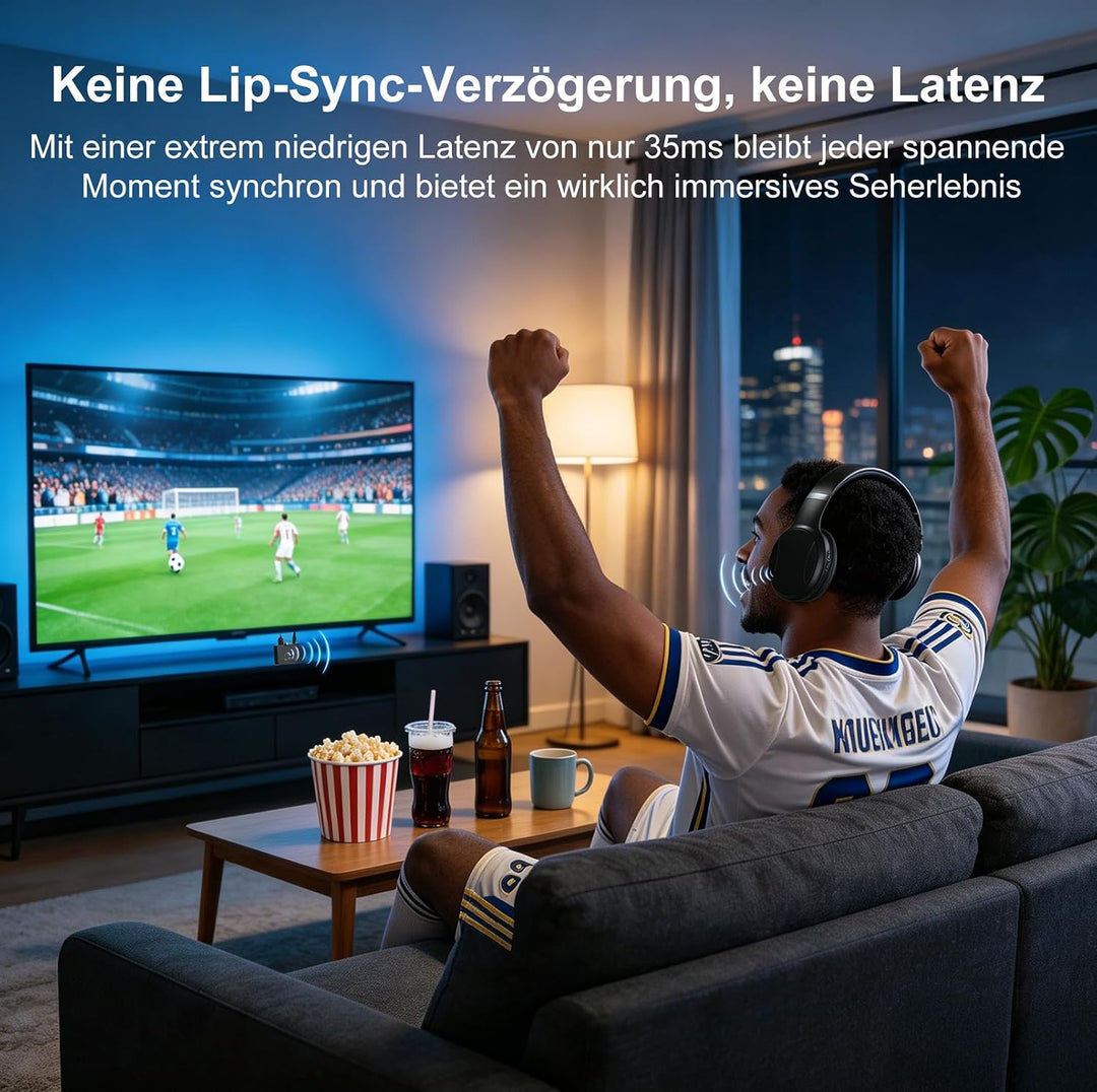 Kabellose TV-Kopfhörer für Senioren, 2,4G RF &amp; Bluetooth 5.4 mit 5-in-1 Sender (Optisch/Koaxial/RCA/