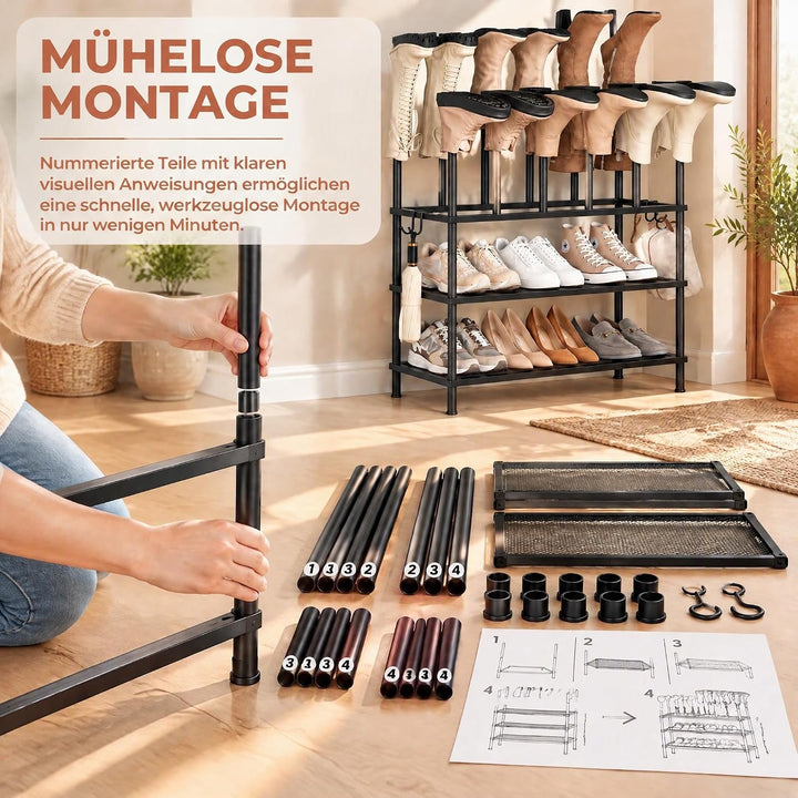 Oak &amp; Tea 2-in-1 Schuhregal Schwarz Metall mit Stiefelhalter–mit kombinierter oder separater Nutzung