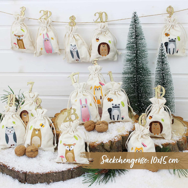 Papierdrachen 24 Adventskalender Stoffsäckchen zum Befüllen - mit goldenen Holzzahlen - Stoffbeutel
