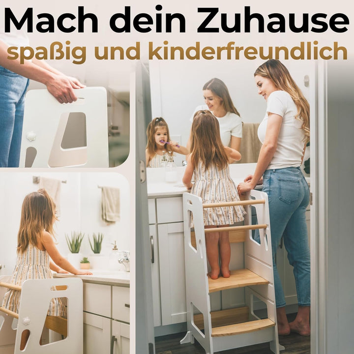 BEY & CO® Lernturm/Entdeckerturm aus Holz – Küchenhelfer für Kinder – 3-Fach höhenverstellbar, mit R