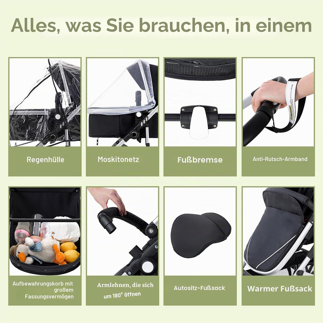 Gcarebb 3 in 1 Kinderwagen, Buggy Mit Auto Babyschale, Mit Einem Klick Zusammenklappbarer Tragbarer
