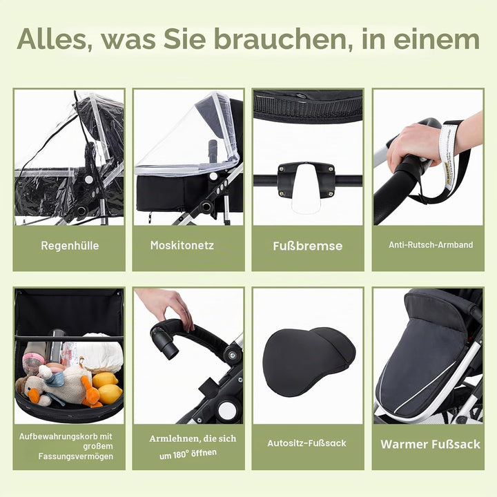 Gcarebb 3 in 1 Kinderwagen, Buggy Mit Auto Babyschale, Mit Einem Klick Zusammenklappbarer Tragbarer