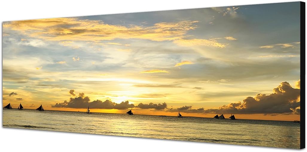 Paul Sinus Art Panoramabild auf Leinwand und Keilrahmen 150x50cm Philippinen Meer Boote Sonnenunterg
