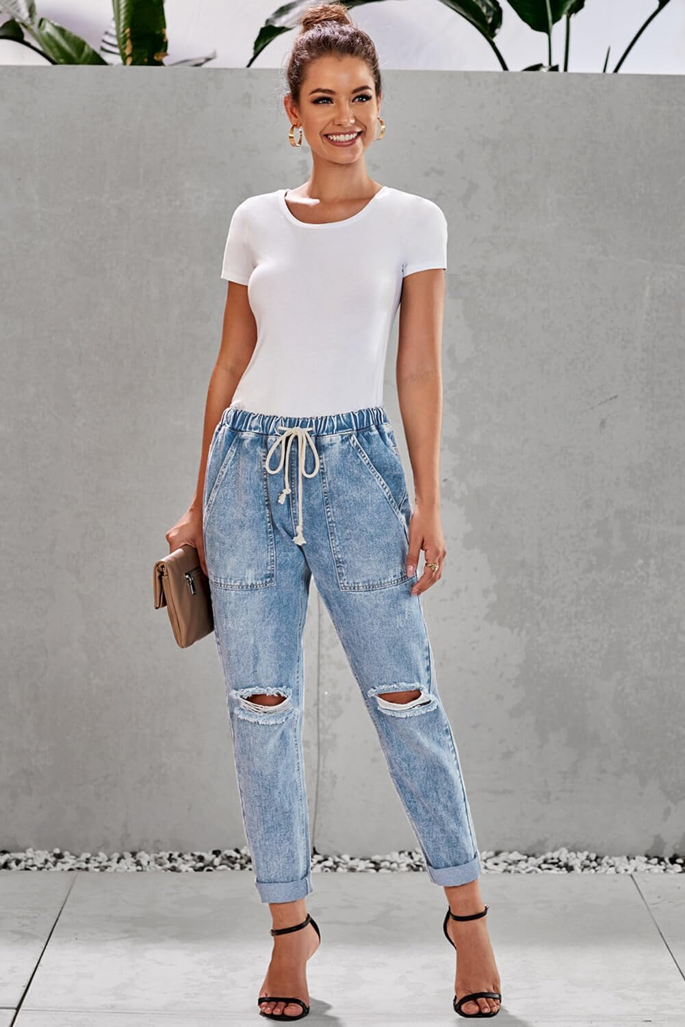 Alaster Queen Jeans Damen Lässig High Waist Jeans Baggy Jeans Damen Knie Zerrissen Jeans 209-hellbla
