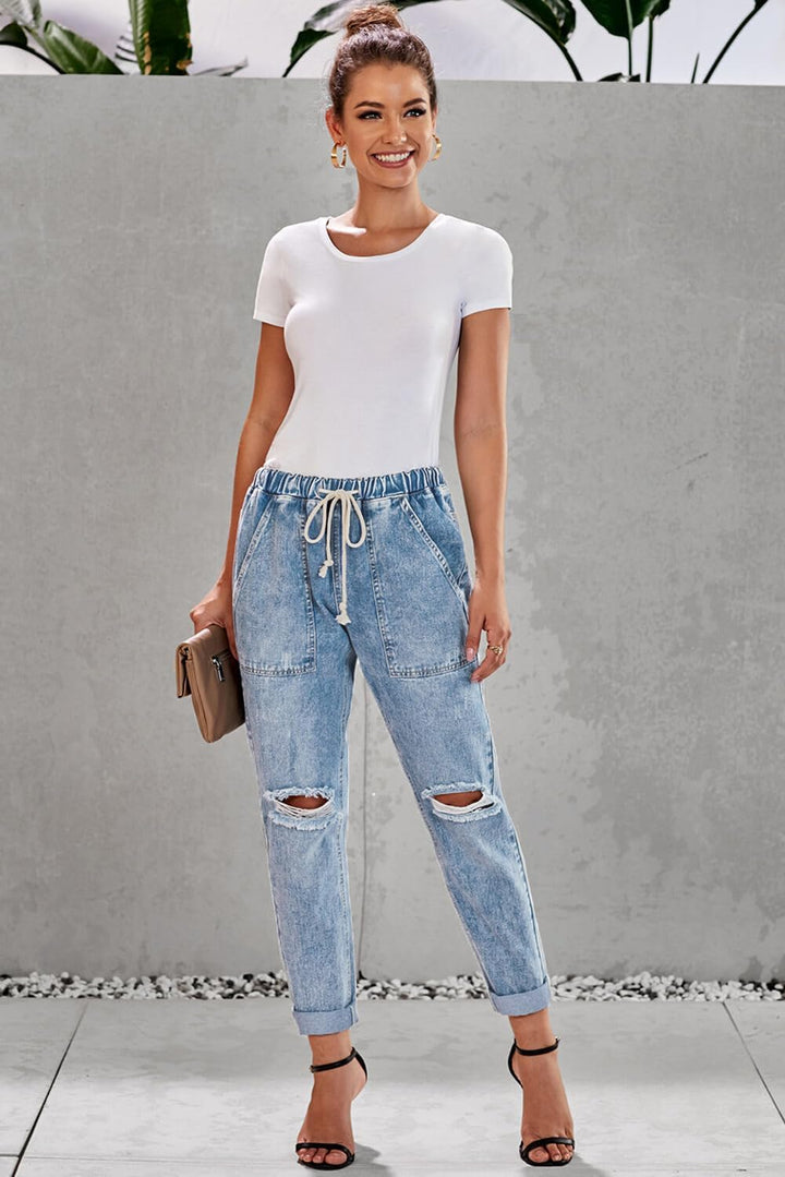 Alaster Queen Jeans Damen Lässig High Waist Jeans Baggy Jeans Damen Knie Zerrissen Jeans 209-hellbla