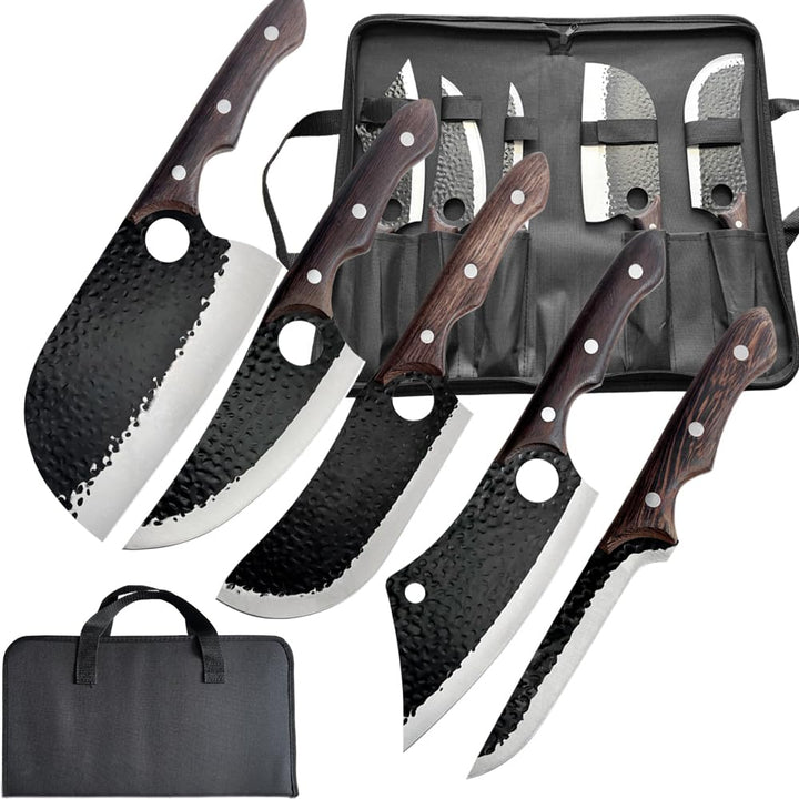 Metzgermesser-Set 5-teilig, Handgeschmiedetes Messerset, Serbisches Kochmesser, Wikinger-Ausbeinmess