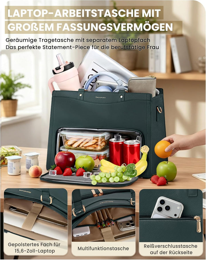 RAINSMORE Lehrertasche Damen mit Kühlfach 15,6 Zoll Laptoptasche Arbeitstasche Damen Gross PU Leder