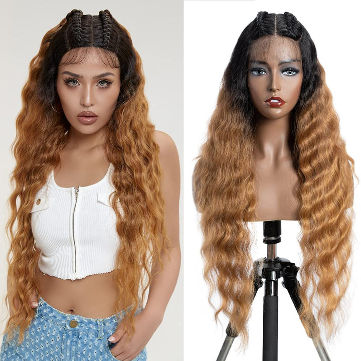 FASHION IDOL Lace Front Curly Wigs 31" Long Synthetic Natural Water Wavy Wig for Black Women Ombre B