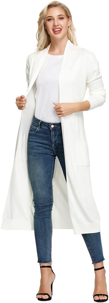 GRACE KARIN Damen Strickjacke Lang Langarm Casual Cardigan Sweater Open Front S Ivory-maxi Lang, S I