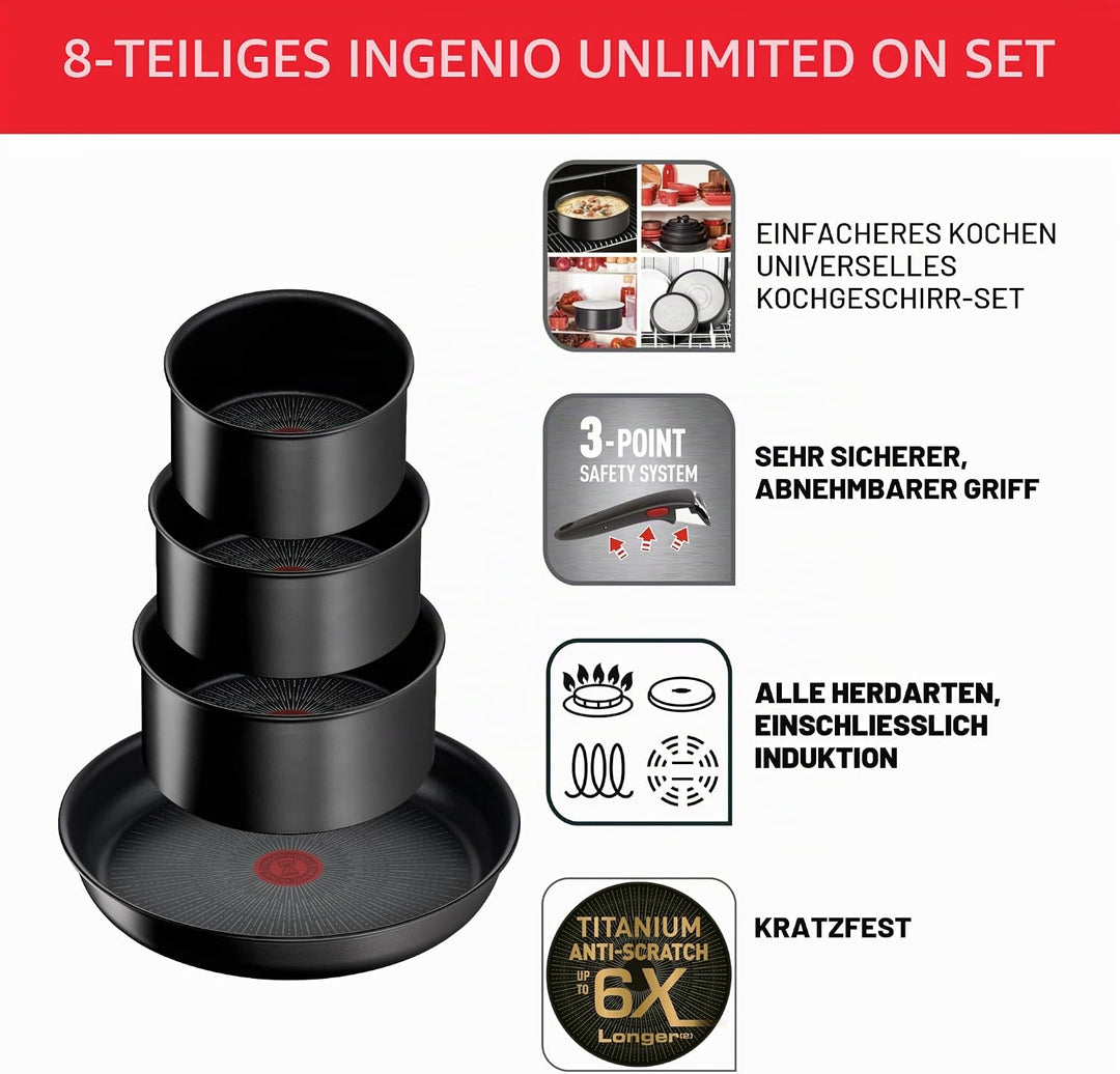 Tefal L3959053 Ingenio Unlimited On Töpfe- und Pfannen-Set, stapelbar, abnehmbarer Griff, platzspare