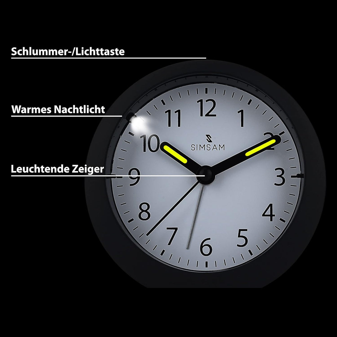 SIMSAM Wecker Analog ohne Ticken mit Batterie, Licht (Schwarz-Weiss), Schwarz-weiss