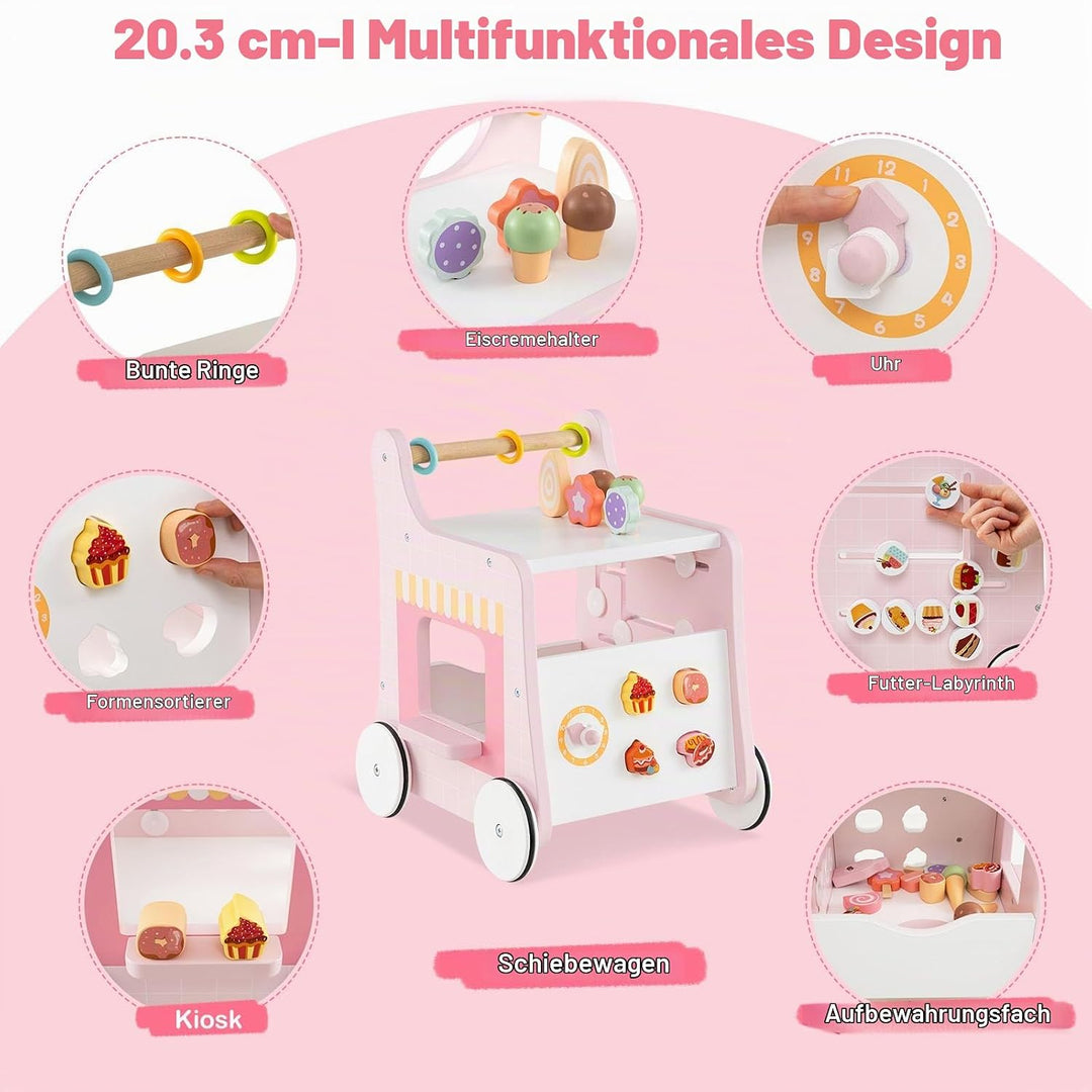 LIFEZEAL Lauflernhilfe Holz, Baby Lauflernwagen mit süssem Zubehör, Montessori Lauflernspielzeug mit