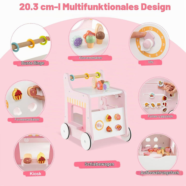 LIFEZEAL Lauflernhilfe Holz, Baby Lauflernwagen mit süssem Zubehör, Montessori Lauflernspielzeug mit