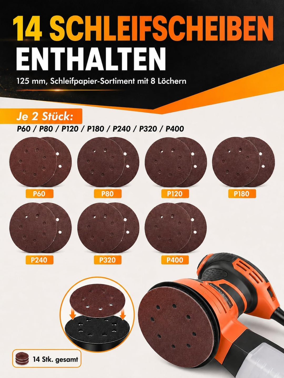 Exzenterschleifer 125mm, 350W Schleifmaschine 6000-13000 U/min, 6 Geschwindigkeiten, mit Staubabsaug