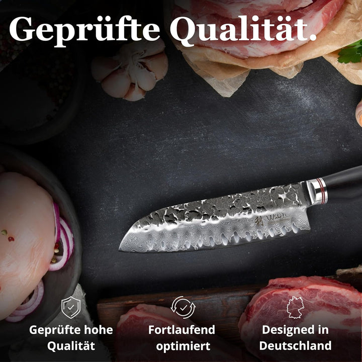 Wakoli EBO Santoku Messer aus echtem Damaststahl (VG10 Kern) 17,5 cm Klinge – Scharfes Damast Küchen