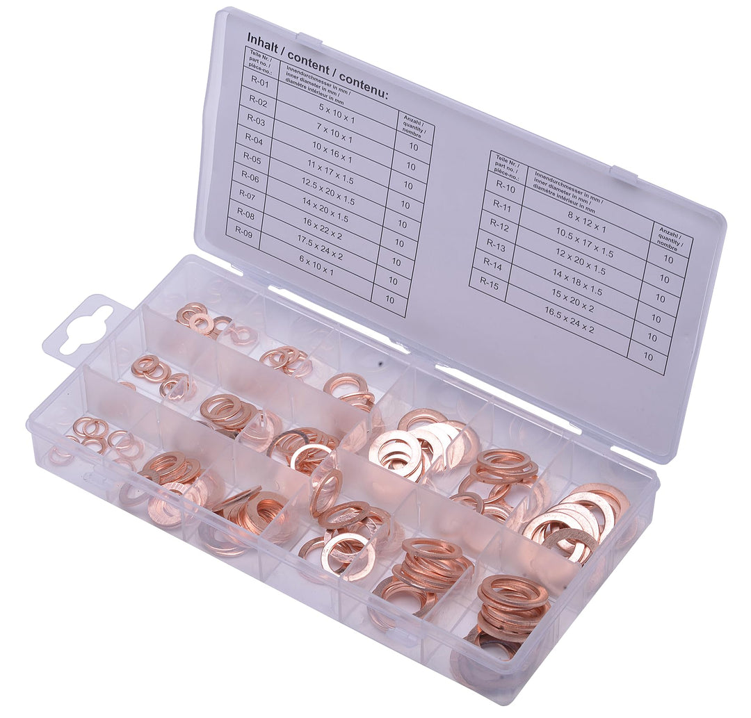 SW-Stahl S8052 Kupfer-Dichtringsatz 150-teilig - Kupferdichtringe Set | Sortiment aus Kupferringen i