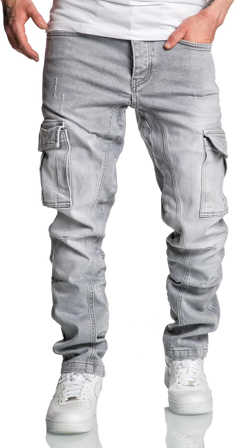 Amaci&Sons Herren Cargo Jeans Regular Slim Denim Hose Destroyed 7977 40W / 34L Hellgrau, 40W / 34L H