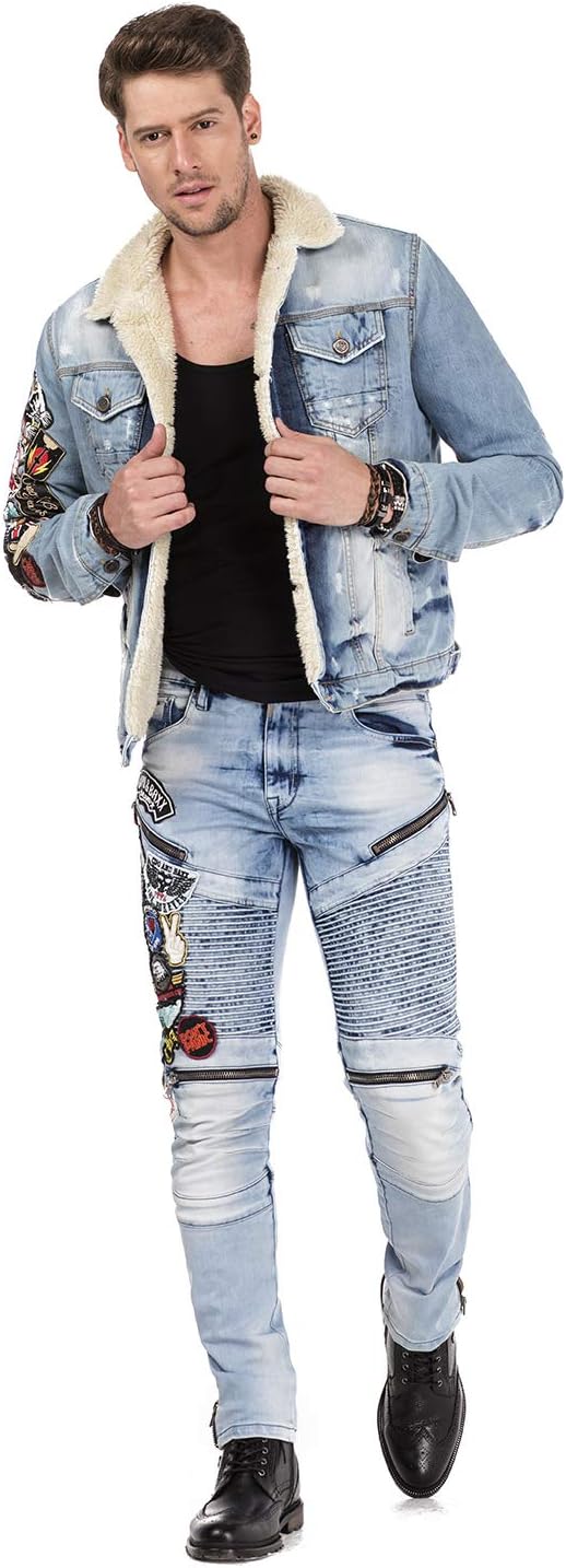 Cipo & Baxx Herren Jeanshose Biker STYL Slim Fit Denim Design Aufnähern Straight Fit Jeans Hose CD49