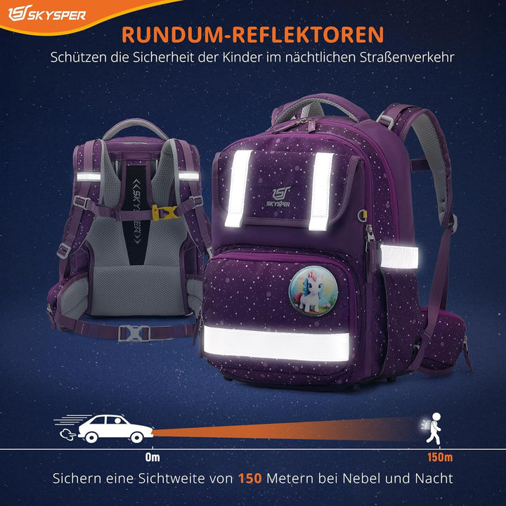 SKYSPER Schulranzen-Set 5-teilig, Schulrucksack Ergonomischer Tragesystem 16L Schulranzen mit 360° R