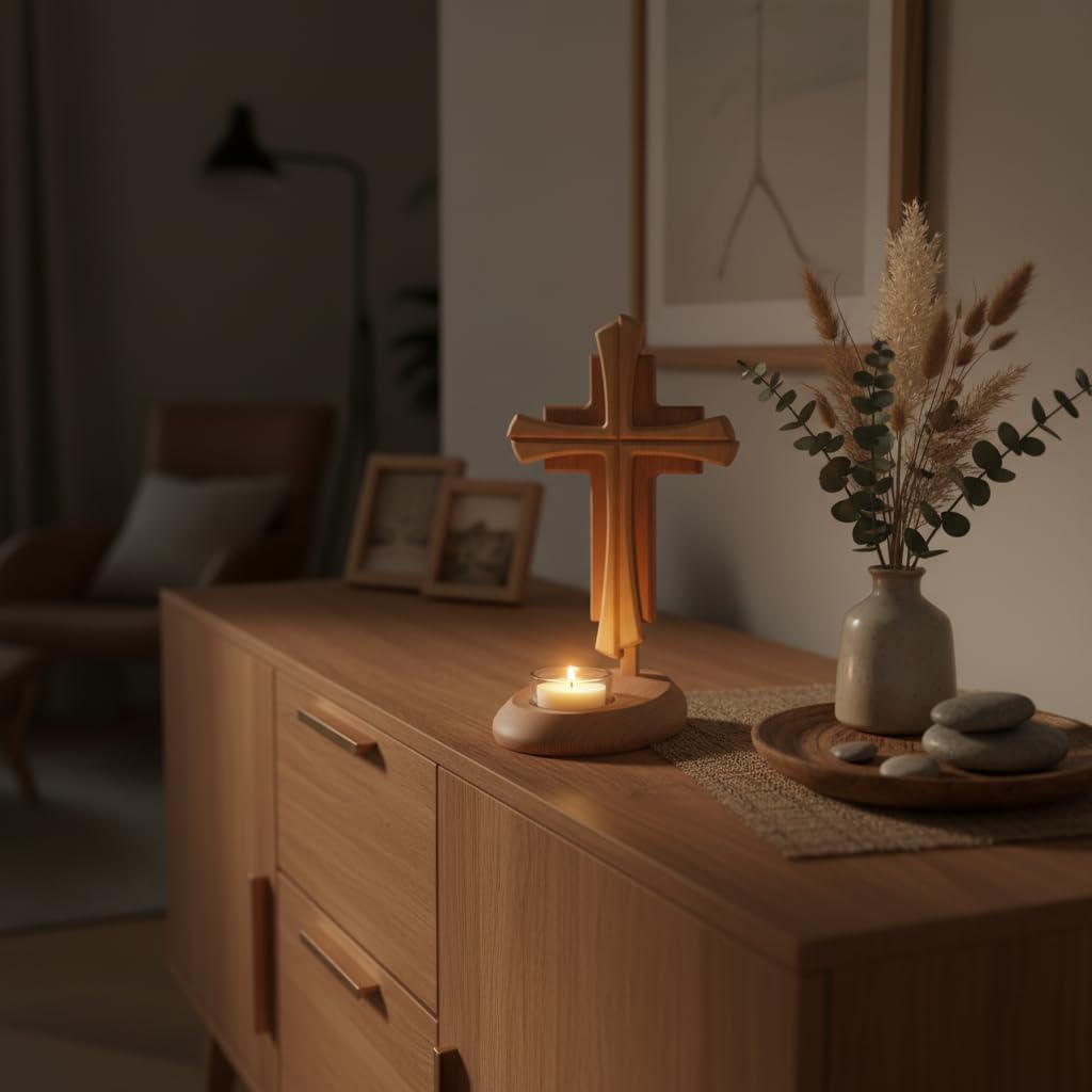 Kaltner Präsente Geschenkidee - Echtes Holz Buche Kreuz Kruzifix mit Teelicht 25 cm modern