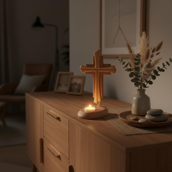 Kaltner Präsente Geschenkidee - Echtes Holz Buche Kreuz Kruzifix mit Teelicht 25 cm modern