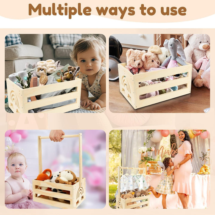Babyparty Geschenk mit Holz Babykorb auf Rädern | Praktischer Baby Schrank mit Griff & 5 Regenbogen