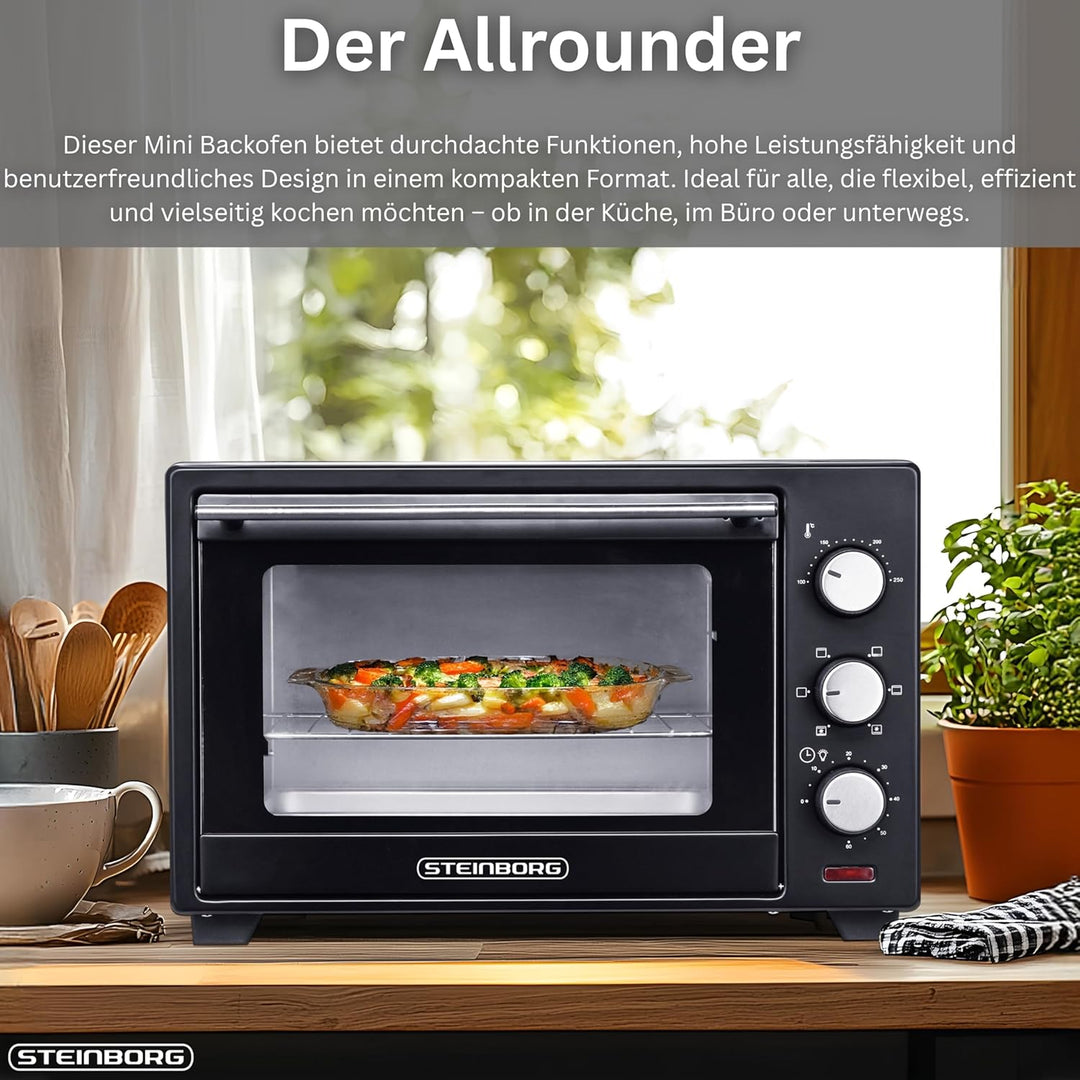 Steinborg® 25 Liter Mini Backofen mit Umluft Pizza Ofen inkl. Backblech und Grillrost Miniofen 60 Mi