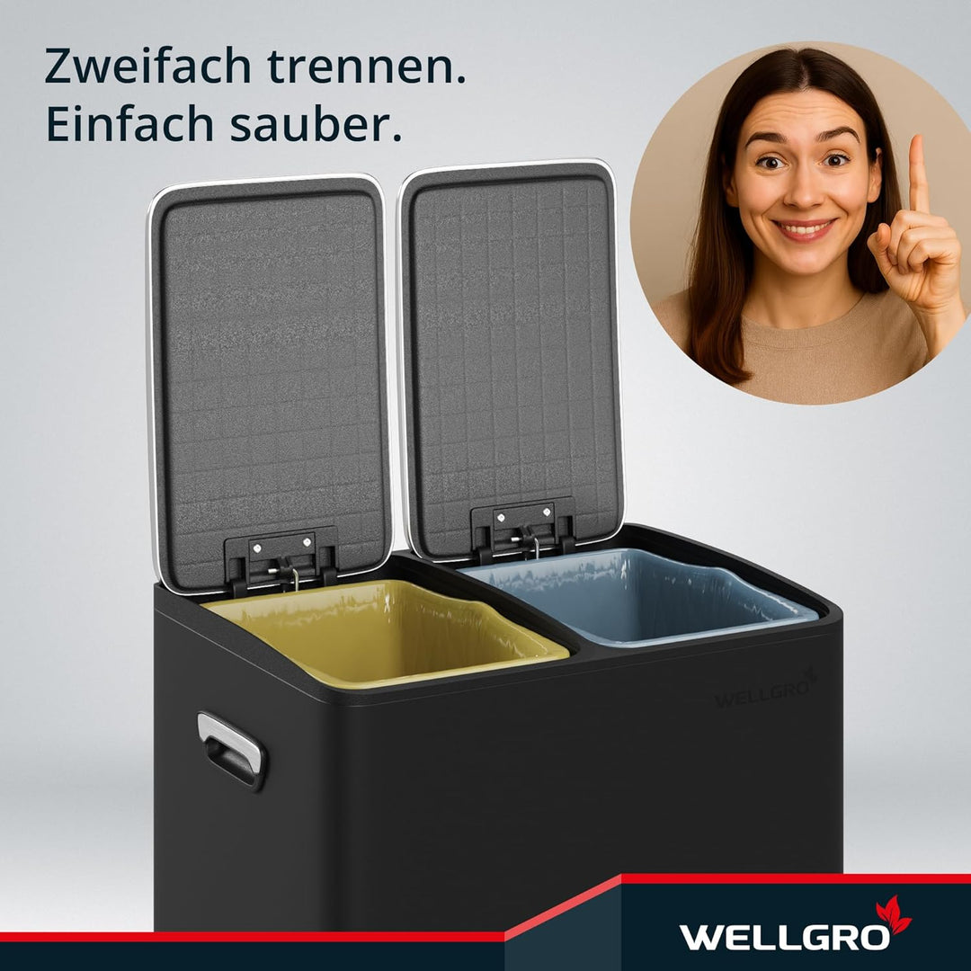WELLGRO Mülleimer Küche 30 Liter – Edelstahl Treteimer 2x15 Liter schwarz mit Softclose-Deckel, Müll