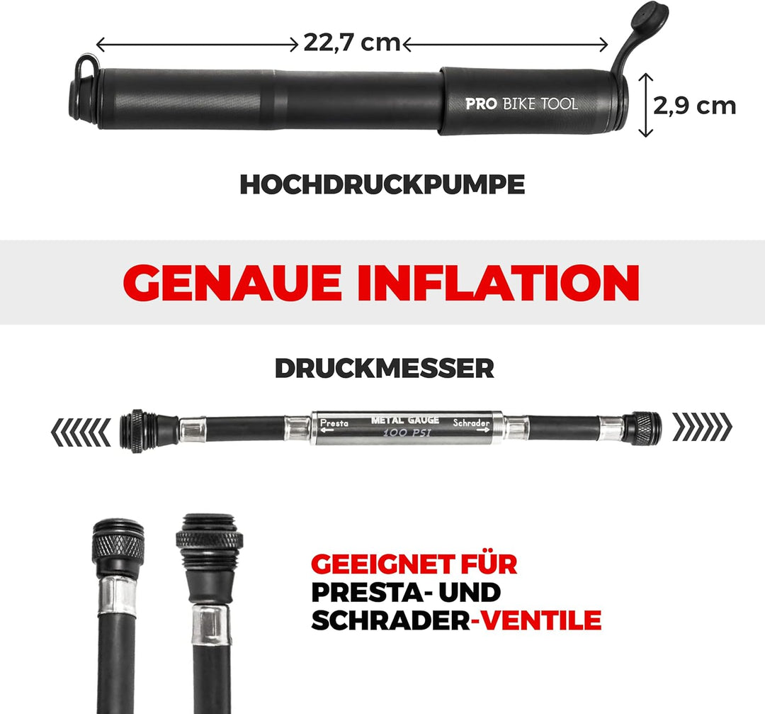 Mini Fahrradpumpe mit Manometer für Presta & Schrader Ventile- Hoher Druck bis 6,9 Bar - zuverlässig