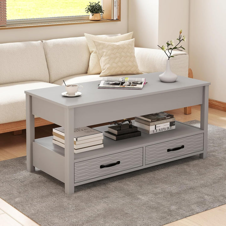 COSTWAY Couchtisch Höhenverstellbar, Sofatisch mit offene Ablage & 2 Schubladen, Wohnzimmertisch mit