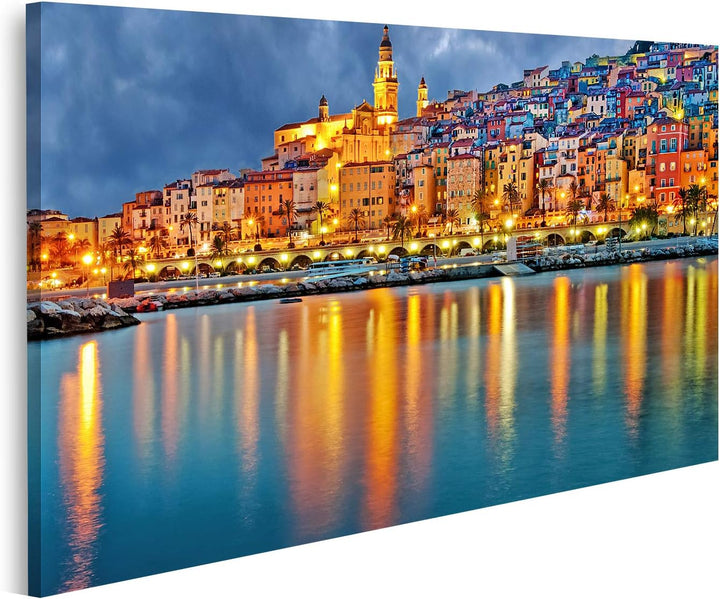 islandburner Bild auf Leinwand Provence Dorf Menton Nach Sonnenuntergang Bilder Wandbilder Poster, 8