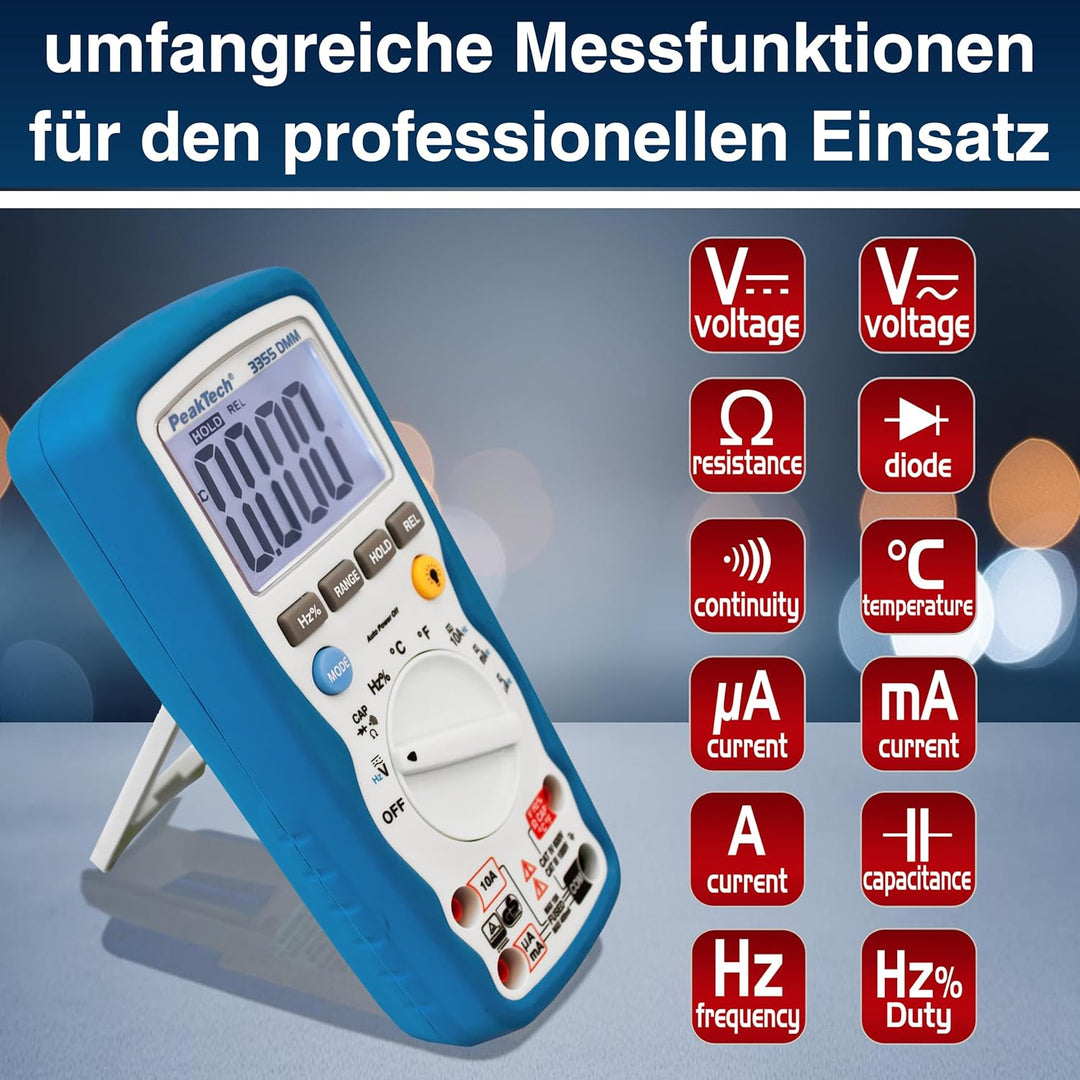 PeakTech 3355 - Digital Multimeter, Wasserdicht (IP67), LCD-Display, 4000 Counts, Handmultimeter, Au