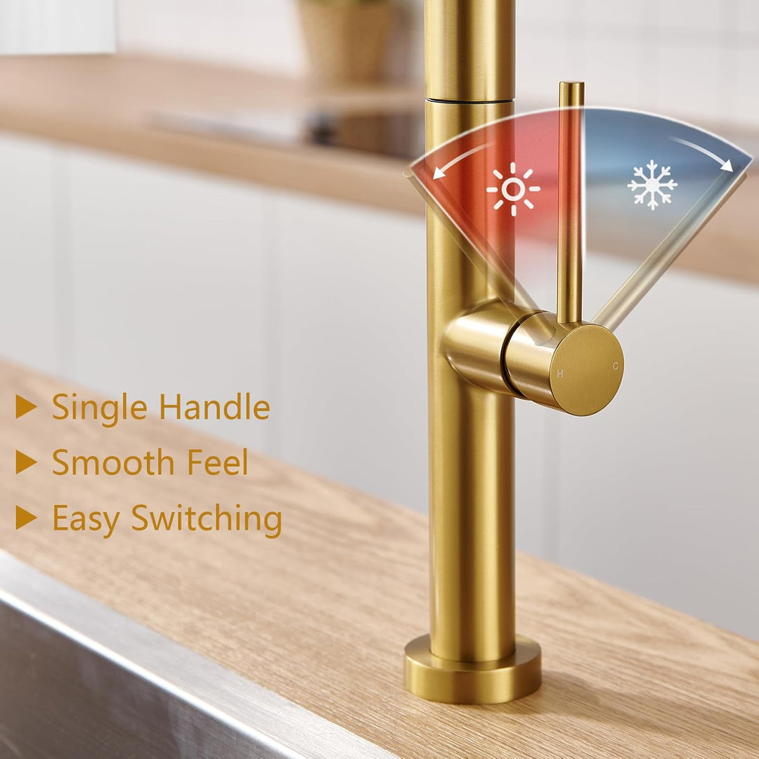 Wasserhahn Küche Gold, Hochdruck Küchenarmatur mit Herausziehbarer Brause, Hoher Bogen Armatur, Misc