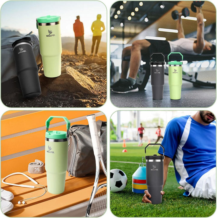 WALLFID 30 oz Thermobecher 2er Set, Edelstahl Trinkbecher mit Strohhalm, Flip Deckel und Bürste, Dop