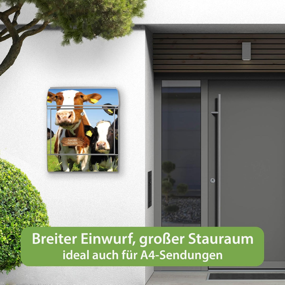 banjado® Design Briefkasten personalisiert Kühe 38,5x46,5x13cm & 2 Schlüssel - Briefkasten Stahl Sil