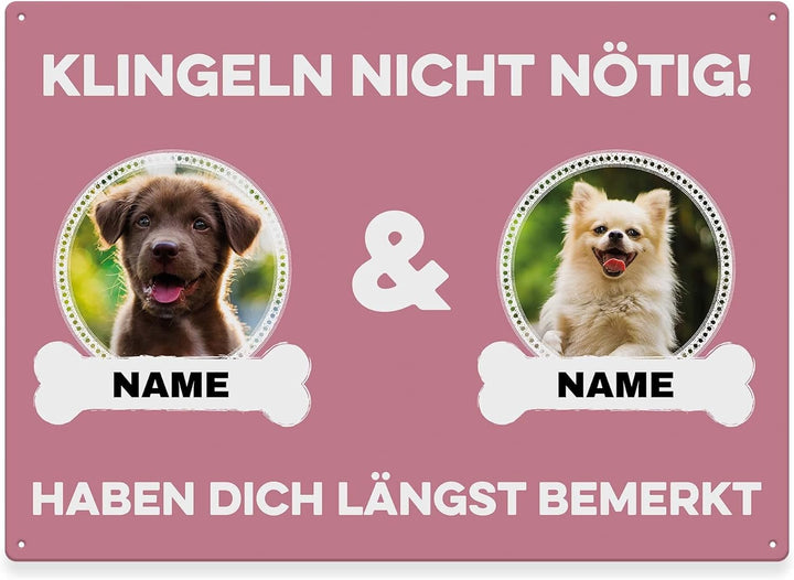 Hunde Schild personalisiert - Klingeln nicht nötig - Metallschild mit Foto und Name für aussen, wett