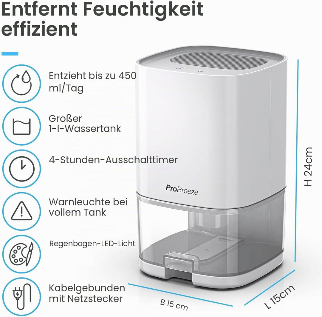 Pro Breeze Luftentfeuchter 1000ml mit Zeitschaltuhr und Nachtlicht - Luftentfeuchter elektrisch gege