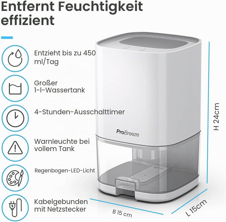 Pro Breeze Luftentfeuchter 1000ml mit Zeitschaltuhr und Nachtlicht - Luftentfeuchter elektrisch gege