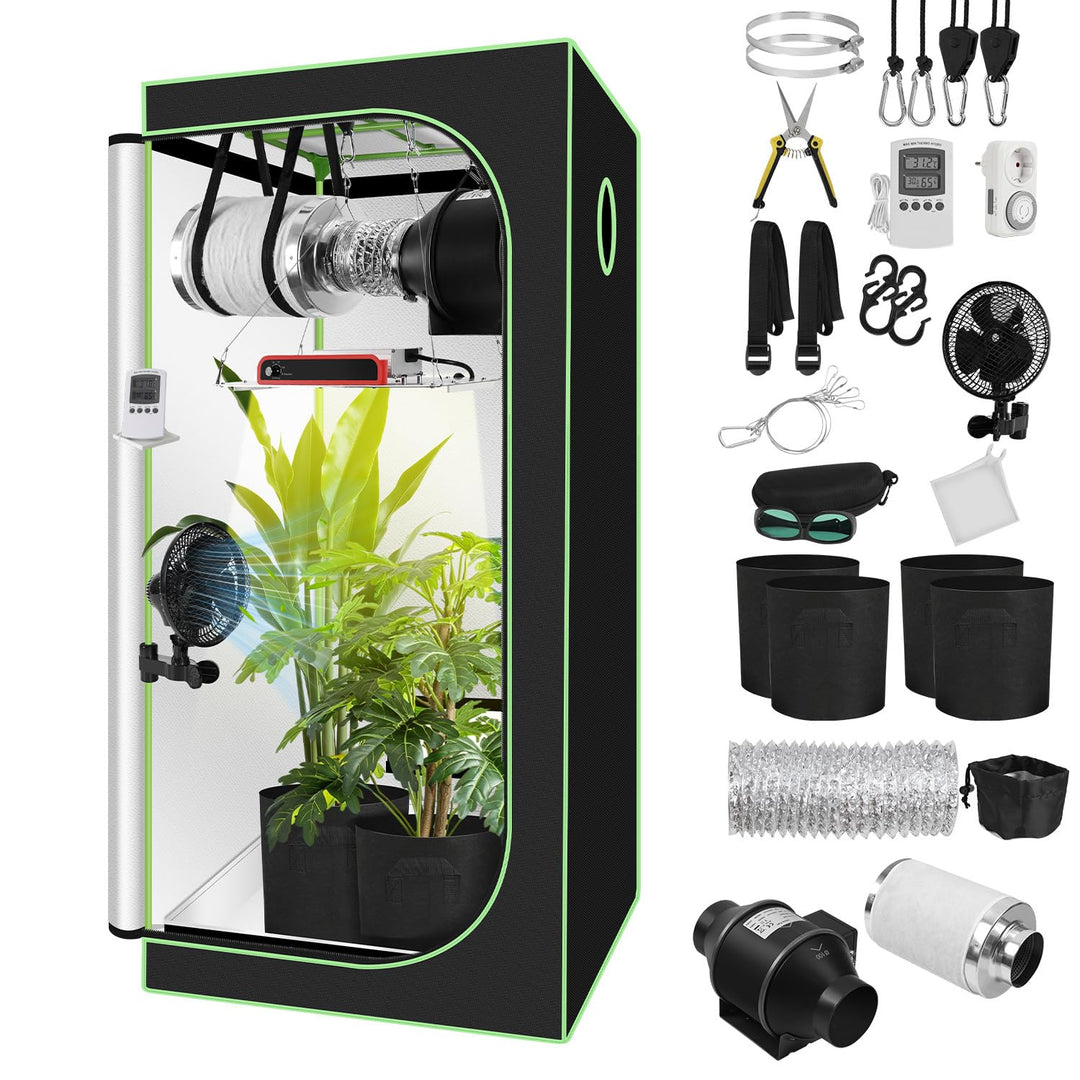 Growzelt Komplettset 80x80x160cm mit 200W Flach LED Grow Lampe, Belüftungssystem mit Aktivkohlefilte