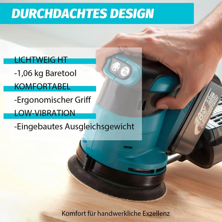 Akku-Exzenterschleifer mit 2 3000mAh, 125mm Exzenterschleifer Akku 18v Ersatz für Makita DBO180Z, 15