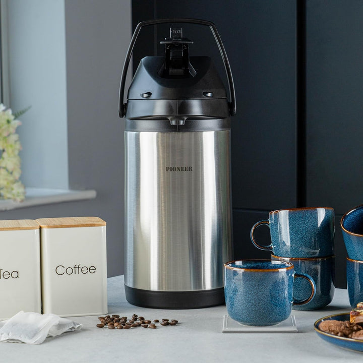 Pioneer Airpot Isolier-Pumpkanne, 4 Liters, Edelstahl-Getränkespender, Doppelwandig mit Griff, Bis z
