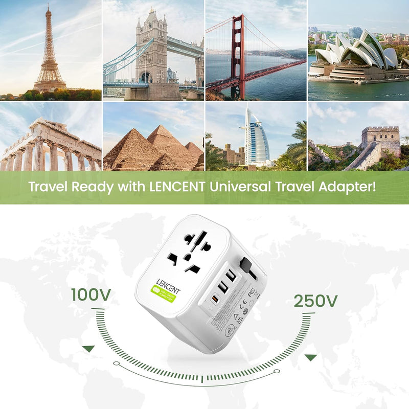 LENCENT Reiseadapter Reisestecker Weltweit 2-Pin EU Steckdose 2500W auf 3-Pol mit USB-C & 2 USB-A In