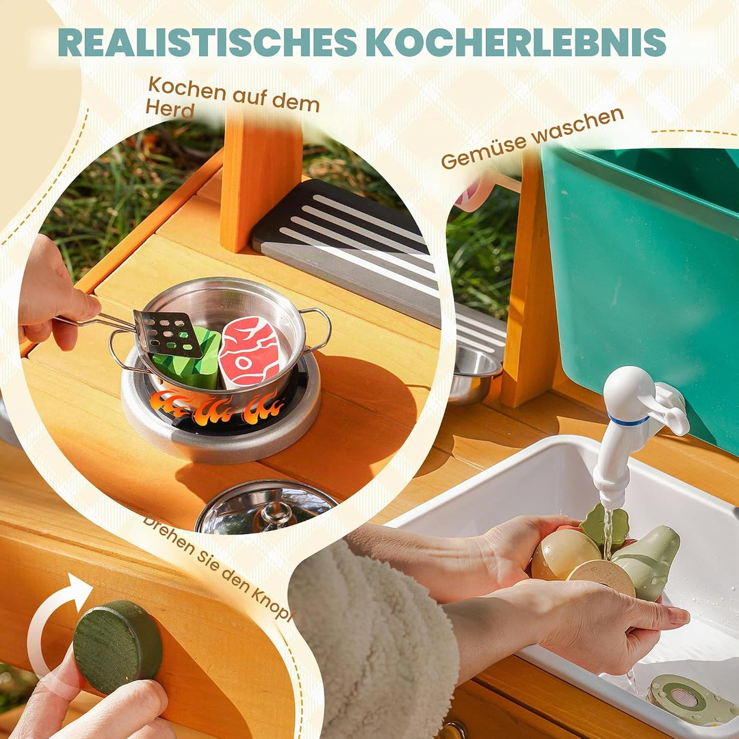 ROBOTIME Mud Kitchen Outdoor Spielset für Kinder, Spielküche mit rollenden Rädern, Schiebegriff, dre