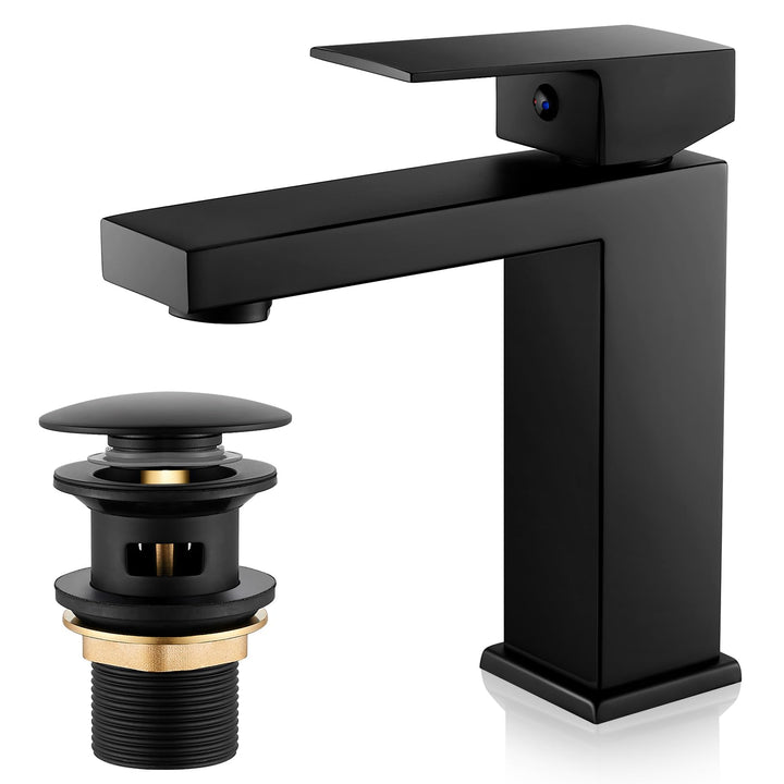 Wasserhahn Bad Schwarz Waschtischarmatur mit Pop-Up Ablaufgarnitur, Wasserhähne Eckig mit Höhe 164mm
