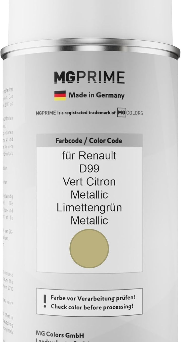MG PRIME Autolack Sprühdosen Set für Renault D99 Vert Citron Metallic/Limettengrün Metallic Basislac